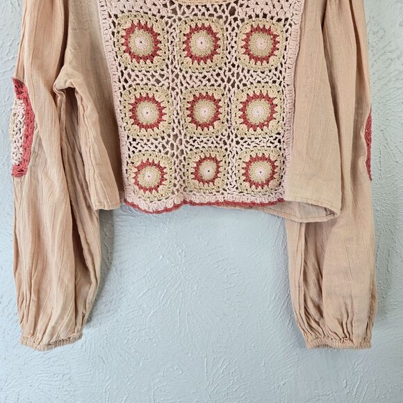 Zara Crochet Crop Top S Light Pink Linen Boho Cottage Hippie Long Sleeve Shirt - Picture 4 of 12